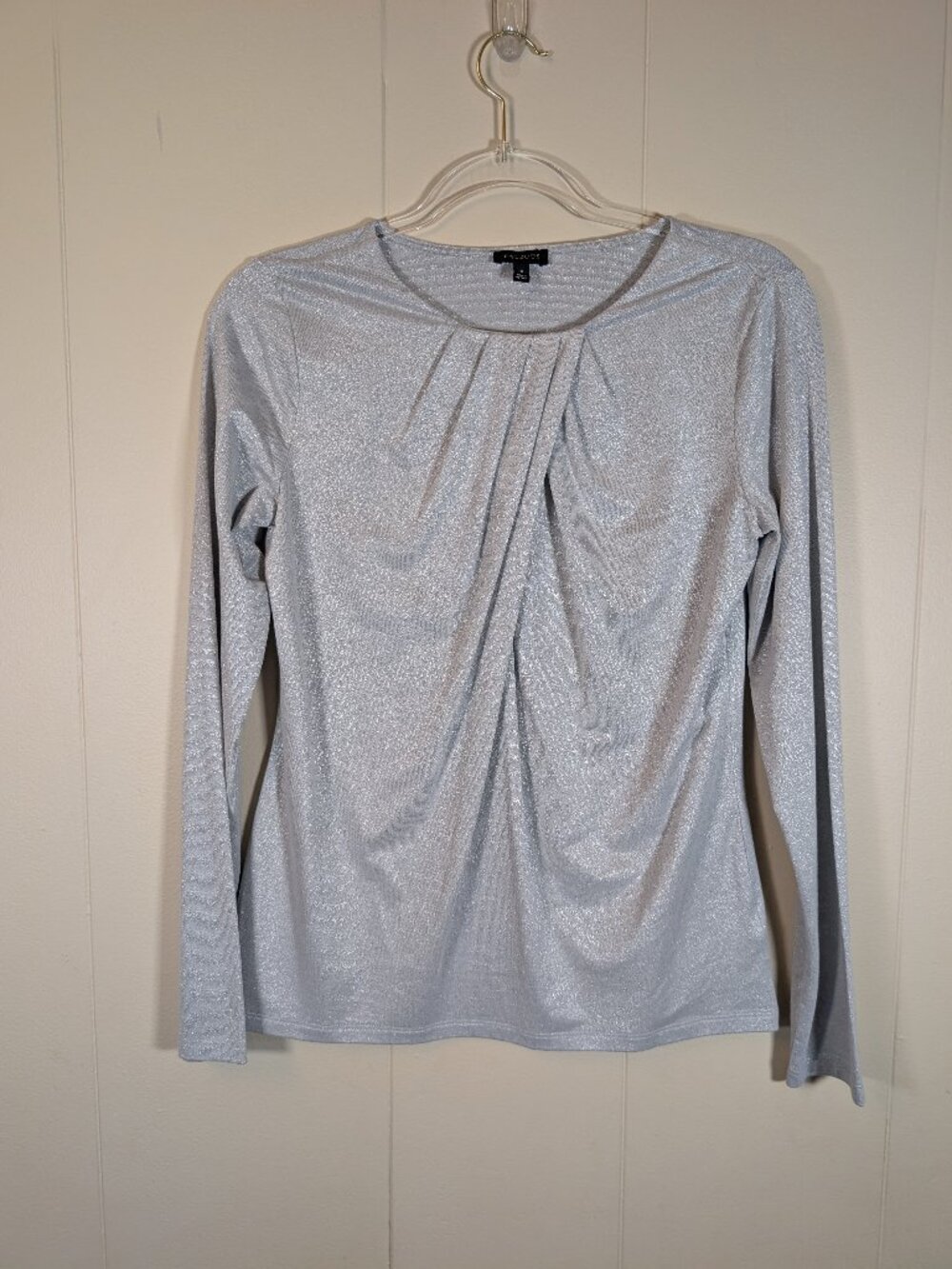 TALBOTS Women's S Silver Metallic Shimmer Pleated Long Sleeve Party Top
